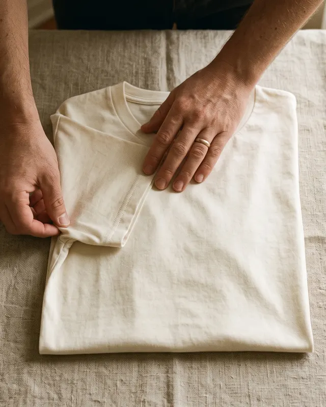 Hands folding an organic cotton tee